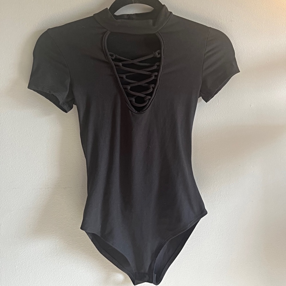 Black Faux Lace Up Bodysuit